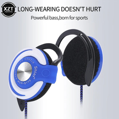 Blue and white wired headphones hifi with black foam cushions and adjustable ear hook featuring shiny logo for heavy bass music