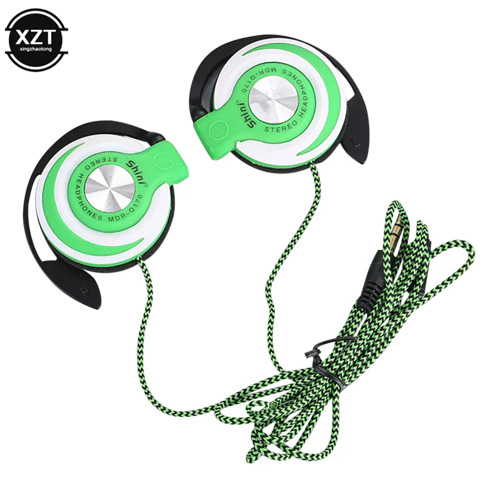 Green and white wired headphones hifi with hifi heavy bass and adjustable ear hook featuring braided green black cable