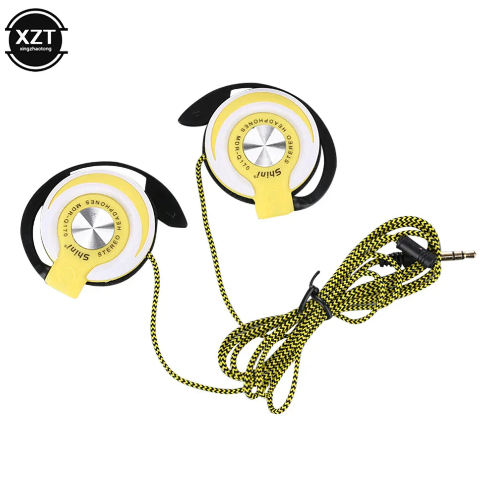 Yellow and black wired headphones hifi with adjustable ear hook and braided green and black cable for heavy bass listening