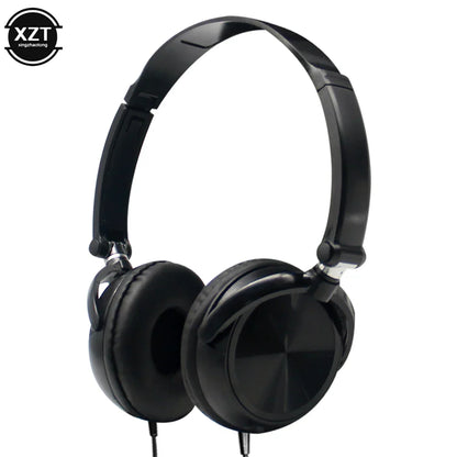 Black wired over-ear headphones with glossy finish and padded earcups feature flexible adjustable headset design for hd sound