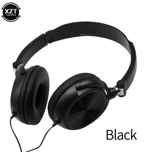 Black wired over-ear headphones with glossy finish and padded earcups feature headsets hd sound and flexible adjustable headset design