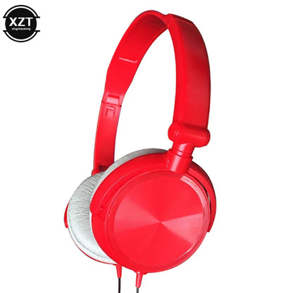 Red over-ear wired headphones with glossy finish and white padded cushions for flexible adjustable headset use