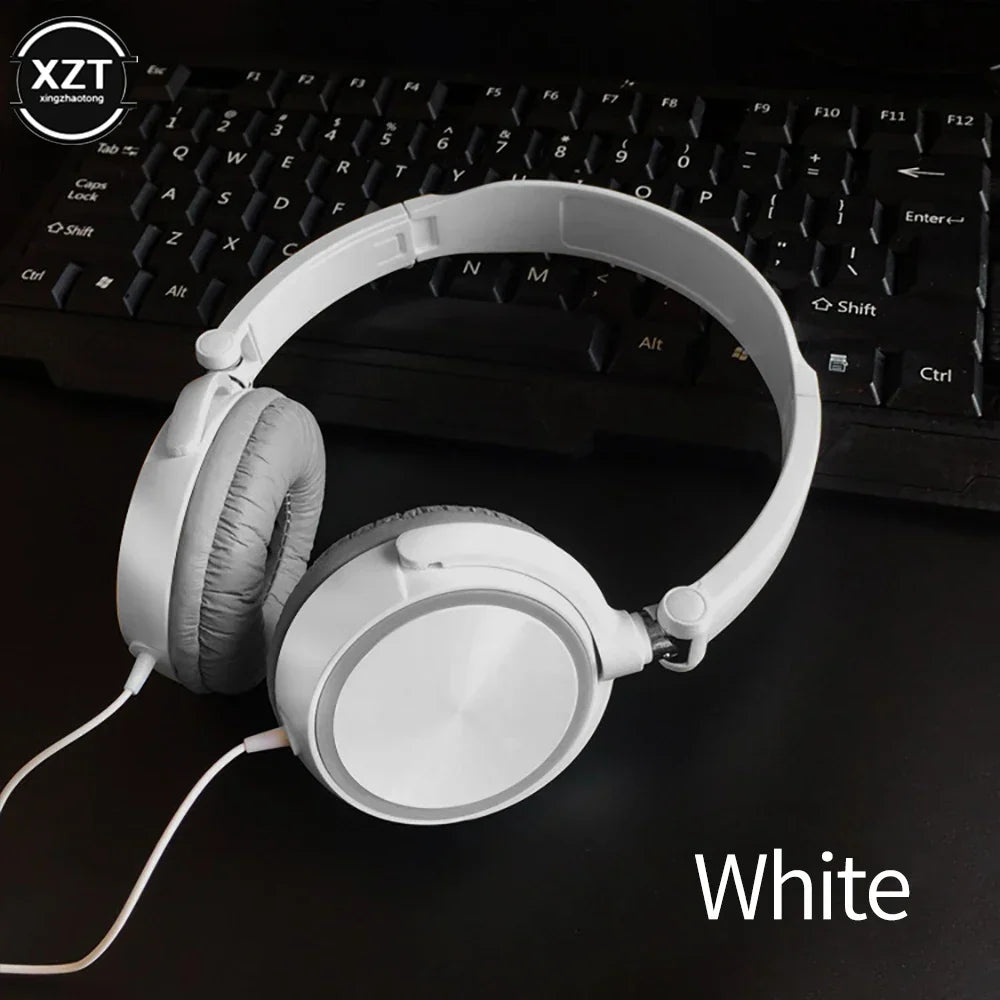 White wired over ear headphones with padded gray earcups flexible adjustable headset for pc phone headsets hd sound