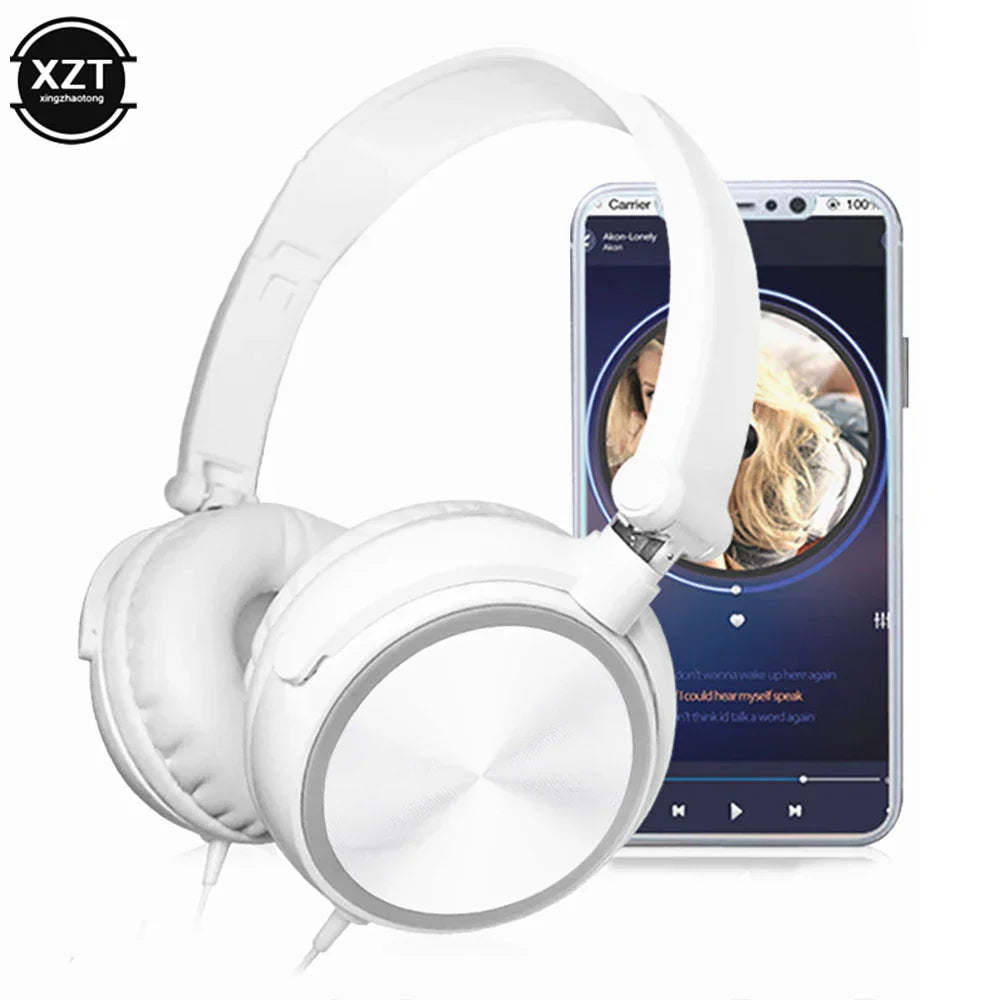 White wired over ear headphones with soft padded earcups featuring hd sound bass for flexible adjustable headset use