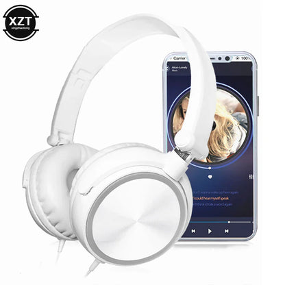 White wired over ear headphones with soft padded earcups featuring hd sound bass for flexible adjustable headset use