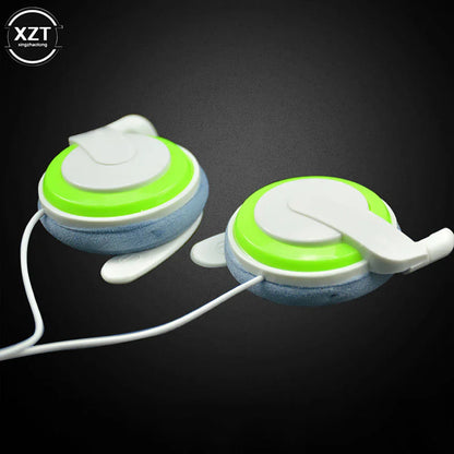 Bright green and white wired headphones stereo with soft blue cushioned earpiece and adjustable band for office school ring use