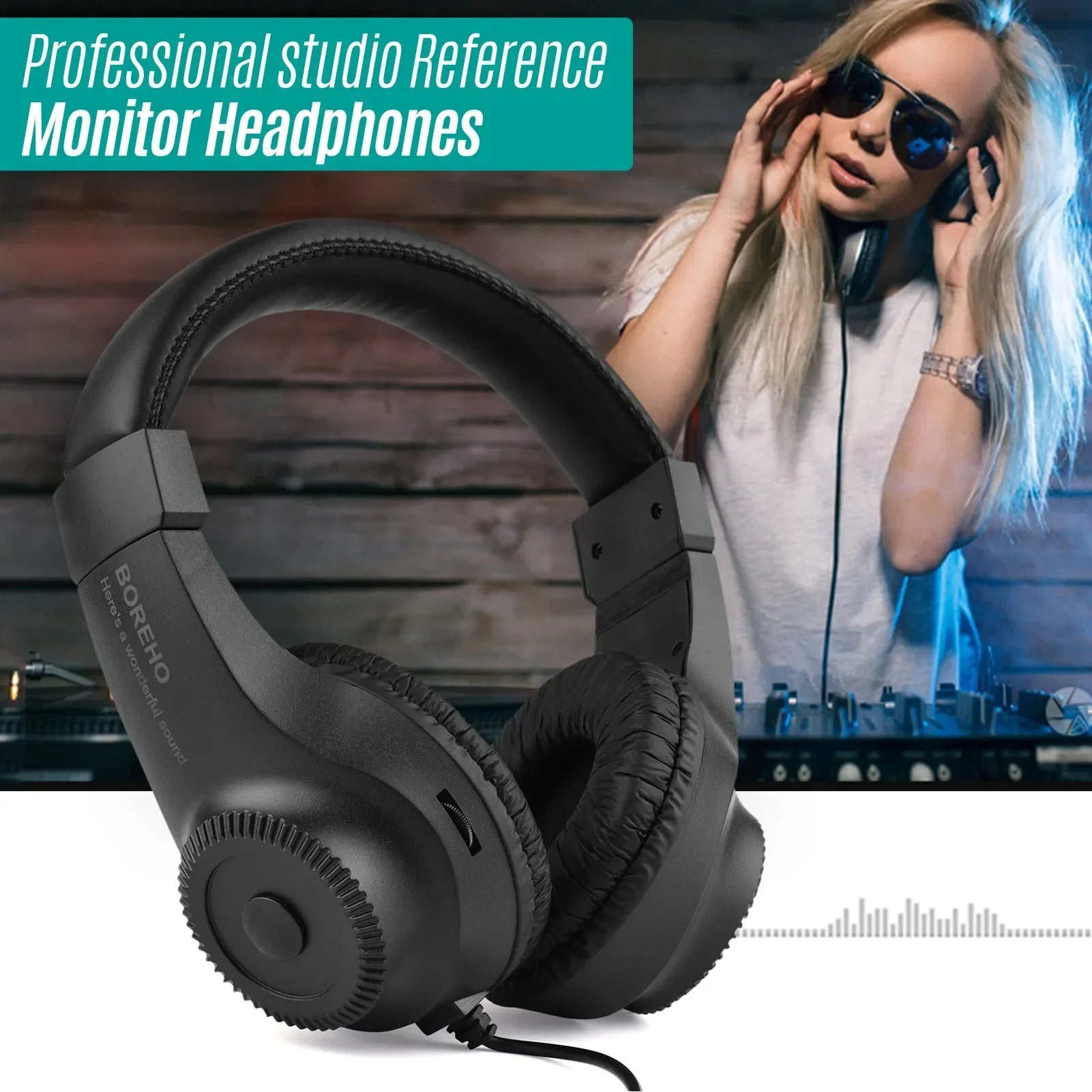 Black wired headset with padded earcups and headband featuring 6.5mm single jack stereo for electric piano stereo monitoring headphone use