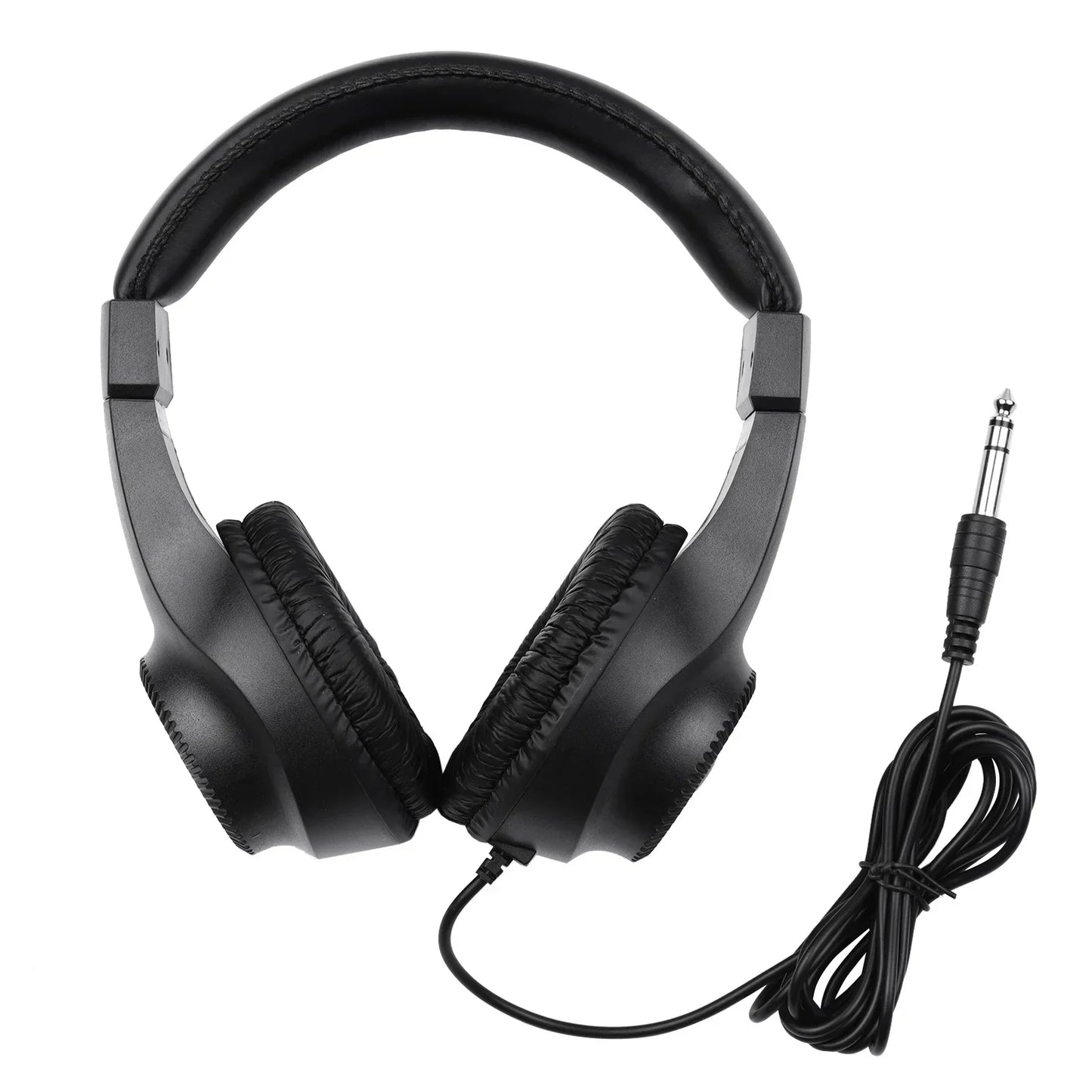 Black wired over-ear stereo monitoring headphone with padded earcups and coiled cable for electric piano use