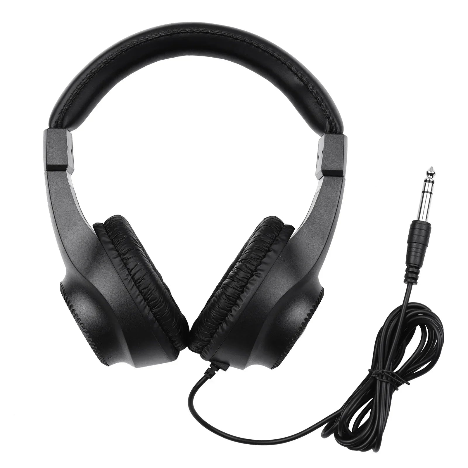 Black wired over-ear stereo monitoring headphone with padded earcups and coiled cable for electric piano use