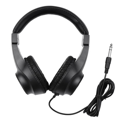 Black wired over-ear stereo monitoring headphone with padded earcups and coiled cable for electric piano use