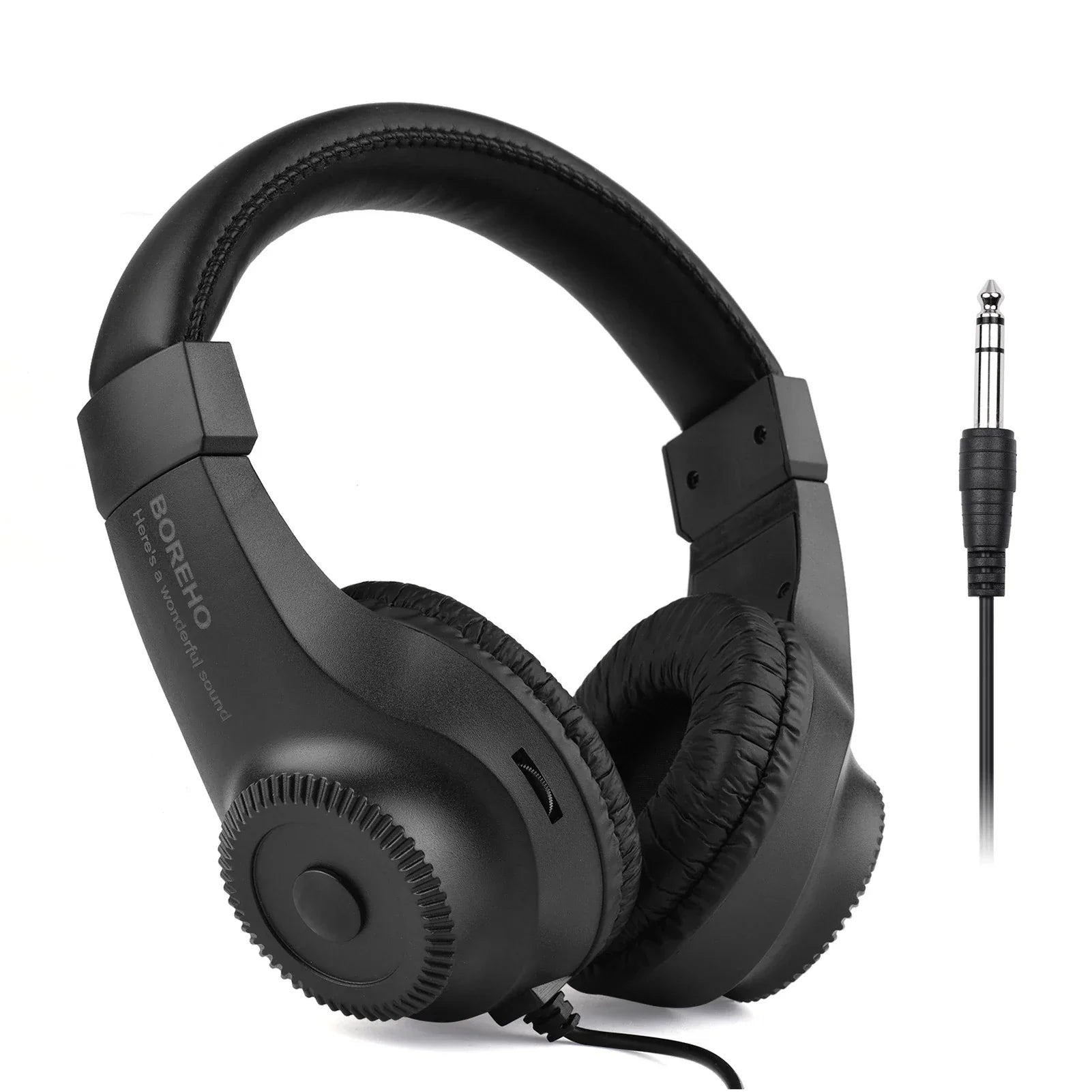 Black boreho wired headset with padded earcups and adjusting headband for single stereo monitoring of electronic musical instruments