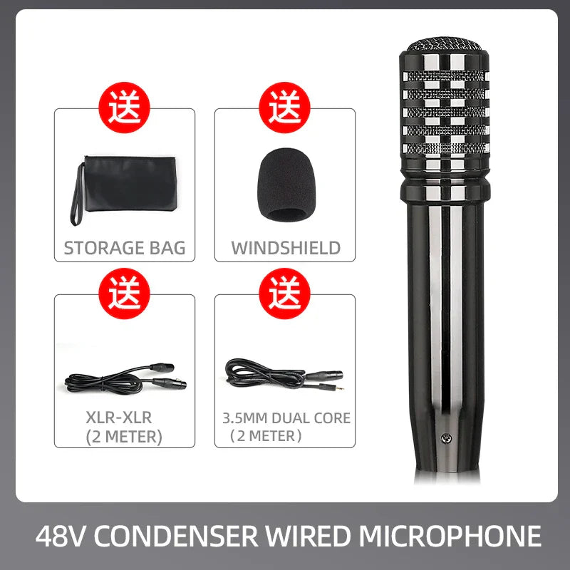 Black and silver 48v condenser wired microphone with checkered grille for wired microphone ktv karaoke conference singing