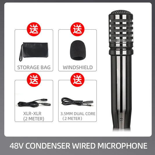 Black and silver 48v condenser wired microphone with checkered grille for wired microphone ktv karaoke conference singing