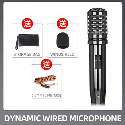 Black and silver dynamic wired microphone with checkered grille for wired microphone ktv karaoke conference singing performance handheld capacitor