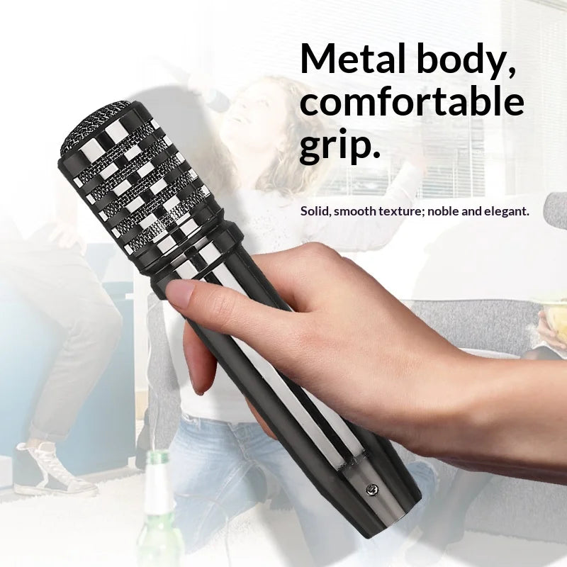 Black wired microphone ktv with textured checkered grille and smooth metal body for karaoke conference singing performance handheld capacitor use