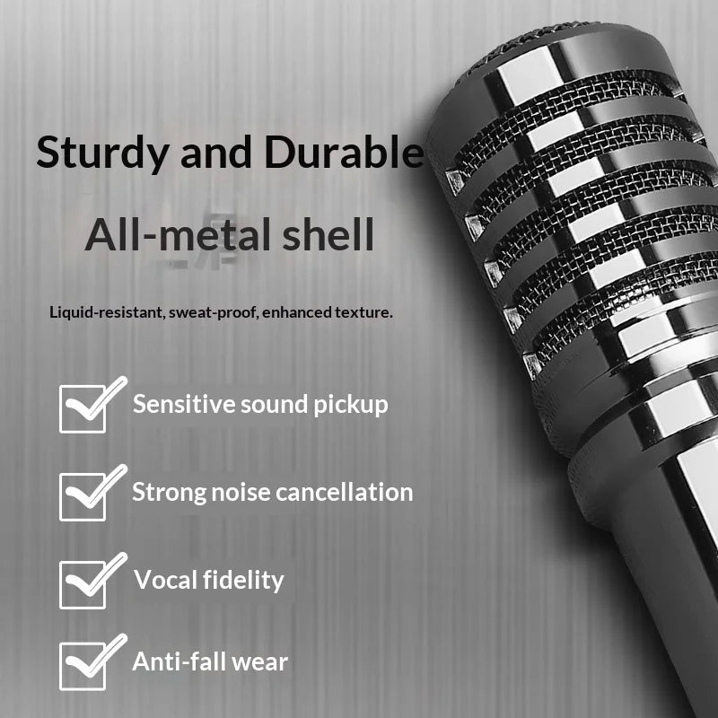 A sleek all-metal wired microphone ktv with polished chrome finish and textured mesh grille for karaoke conference singing