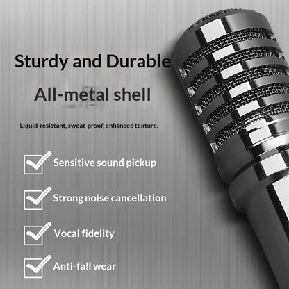 A sleek all-metal wired microphone ktv with polished chrome finish and textured mesh grille for karaoke conference singing