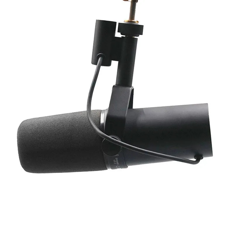 Black wired microphone professional with foam windscreen and metal bracket for professional dubbing recording and live broadcast