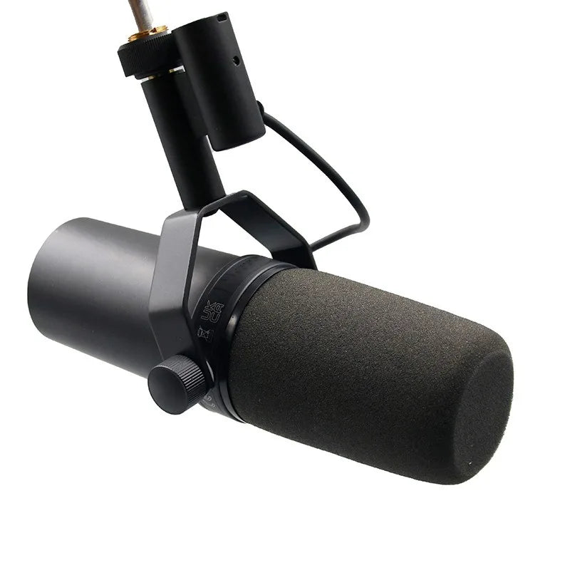 Black wired microphone professional with foam windscreen and adjustable bracket for dubbing recording and live broadcast
