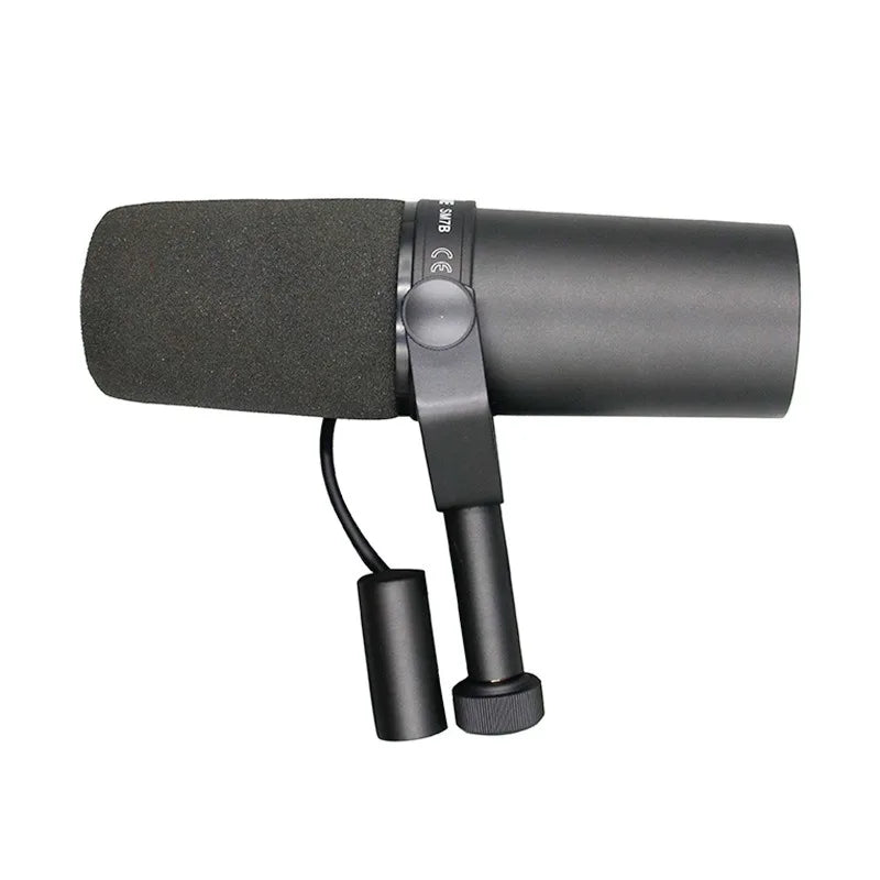 Black wired microphone professional with foam windscreen and adjustable stand for dubbing recording and live broadcast