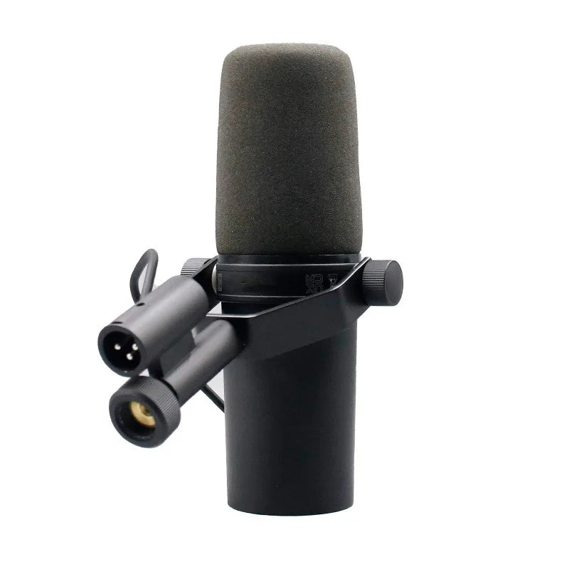 Black wired microphone professional with gray foam windscreen and dual xlr connectors for dubbing recording and live broadcast