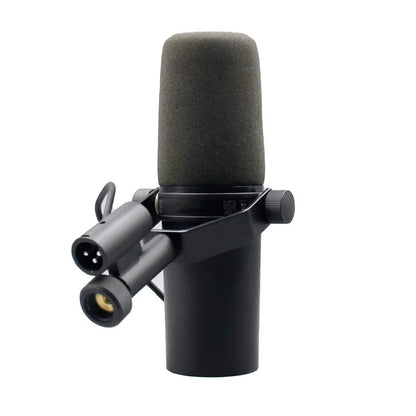 Black wired microphone professional with gray foam windscreen and dual xlr connectors for dubbing recording and live broadcast