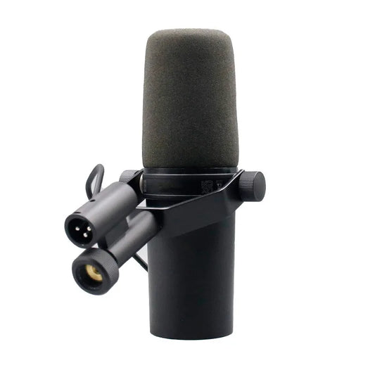 Black wired microphone professional with gray foam windscreen and dual xlr connectors for dubbing recording and live broadcast