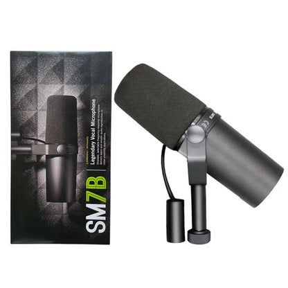 Black sm7b wired microphone professional with foam windscreen and metallic accents for professional dubbing recording