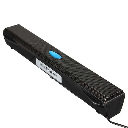Black wired mini portable usb speaker with textured grille blue power button and mini speaker label for stereo sound use