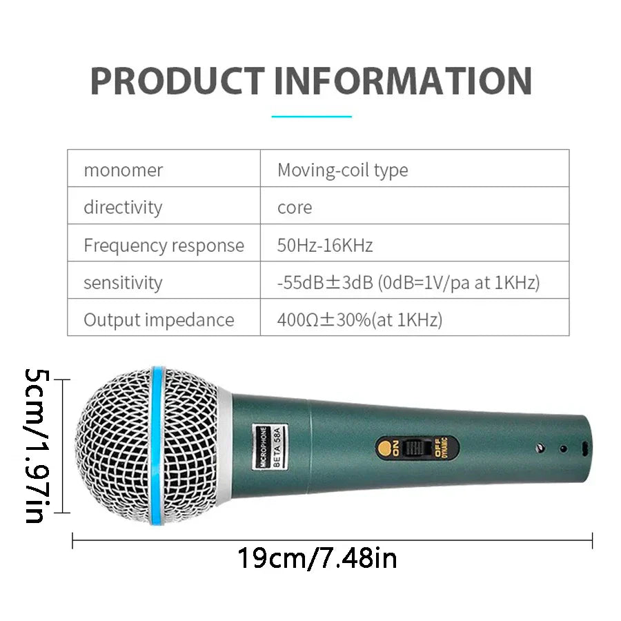 Green beta 58a supercardioid dynamic microphone with silver mesh grille and blue accent for professional condenser use