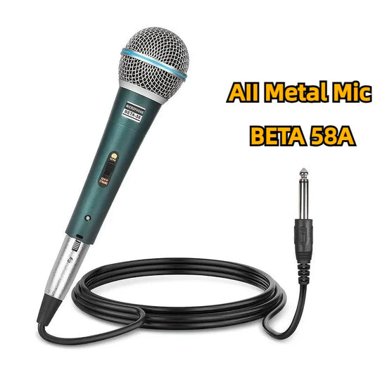 Teal and silver all-metal beta 58a supercardioid dynamic microphone with mesh grille and black coiled cable for professional condenser microphone use