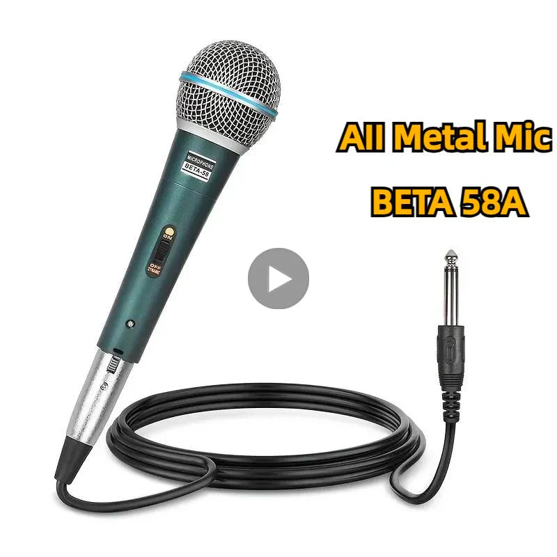 Teal and silver all-metal beta 58a supercardioid dynamic microphone with mesh grille and coiled cable for professional use