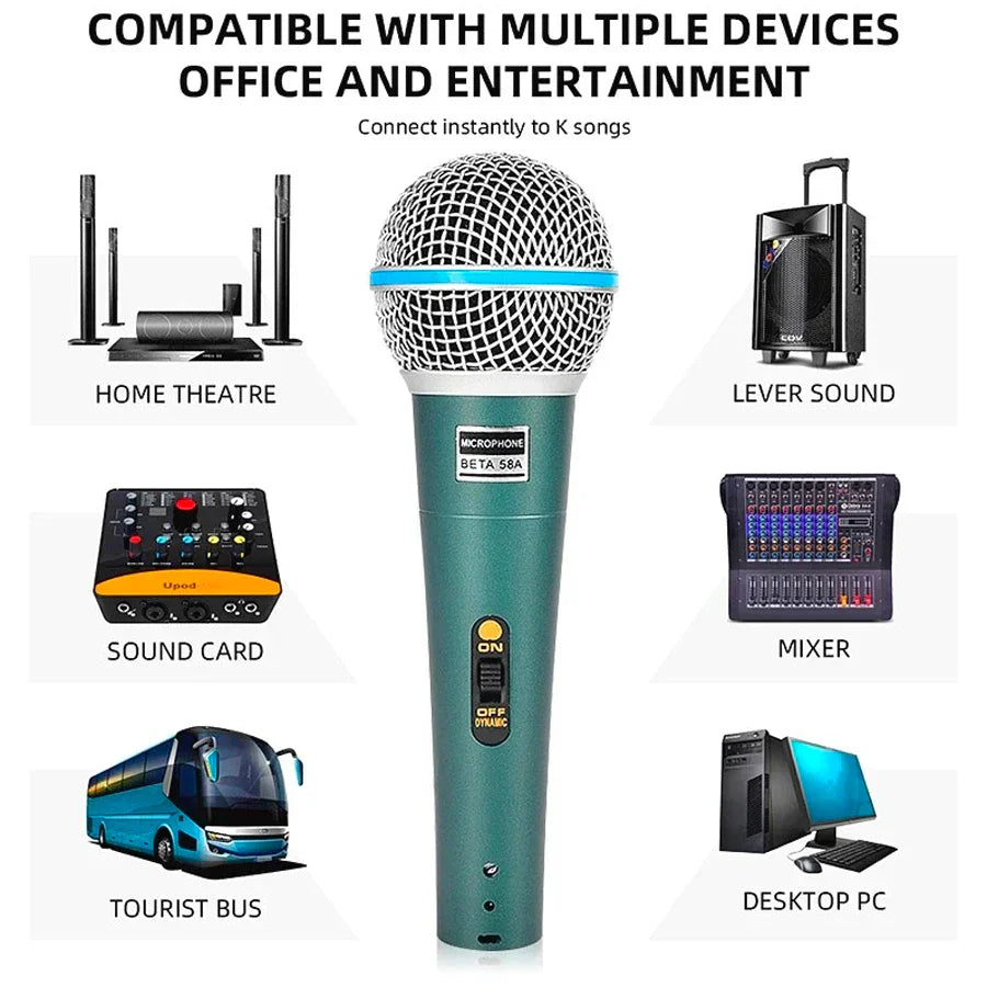 Teal professional condenser microphone with silver mesh grille and blue accent band beta 58a supercardioid for gaming and streaming