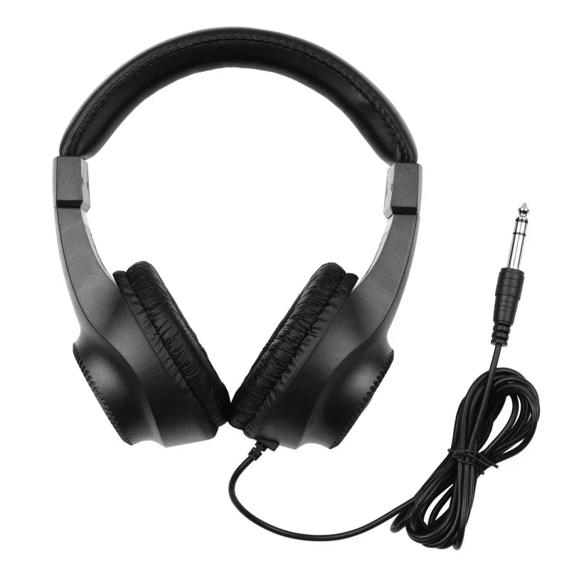 Black over-ear wired stereo monitor headphones with padded earcups 50mm driver coiled cable for guitar amplifier electric and piano audio mixer