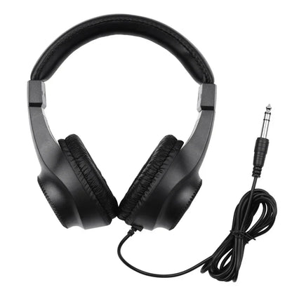 Black over-ear wired stereo monitor headphones with padded earcups 50mm driver coiled cable for guitar amplifier electric and piano audio mixer
