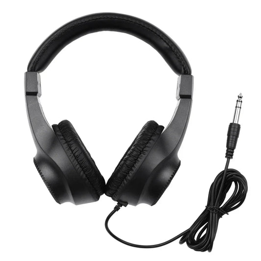 Black over-ear wired stereo monitor headphones with padded earcups 50mm driver coiled cable for guitar amplifier electric and piano audio mixer