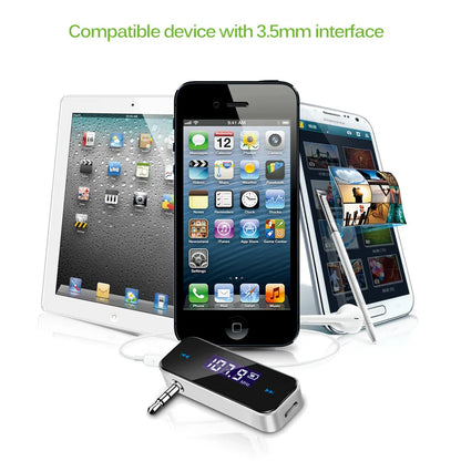 Silver digital wireless 3.5mm audio fm transmitter with lcd display 107.9 mhz for handsfree car mp3 use
