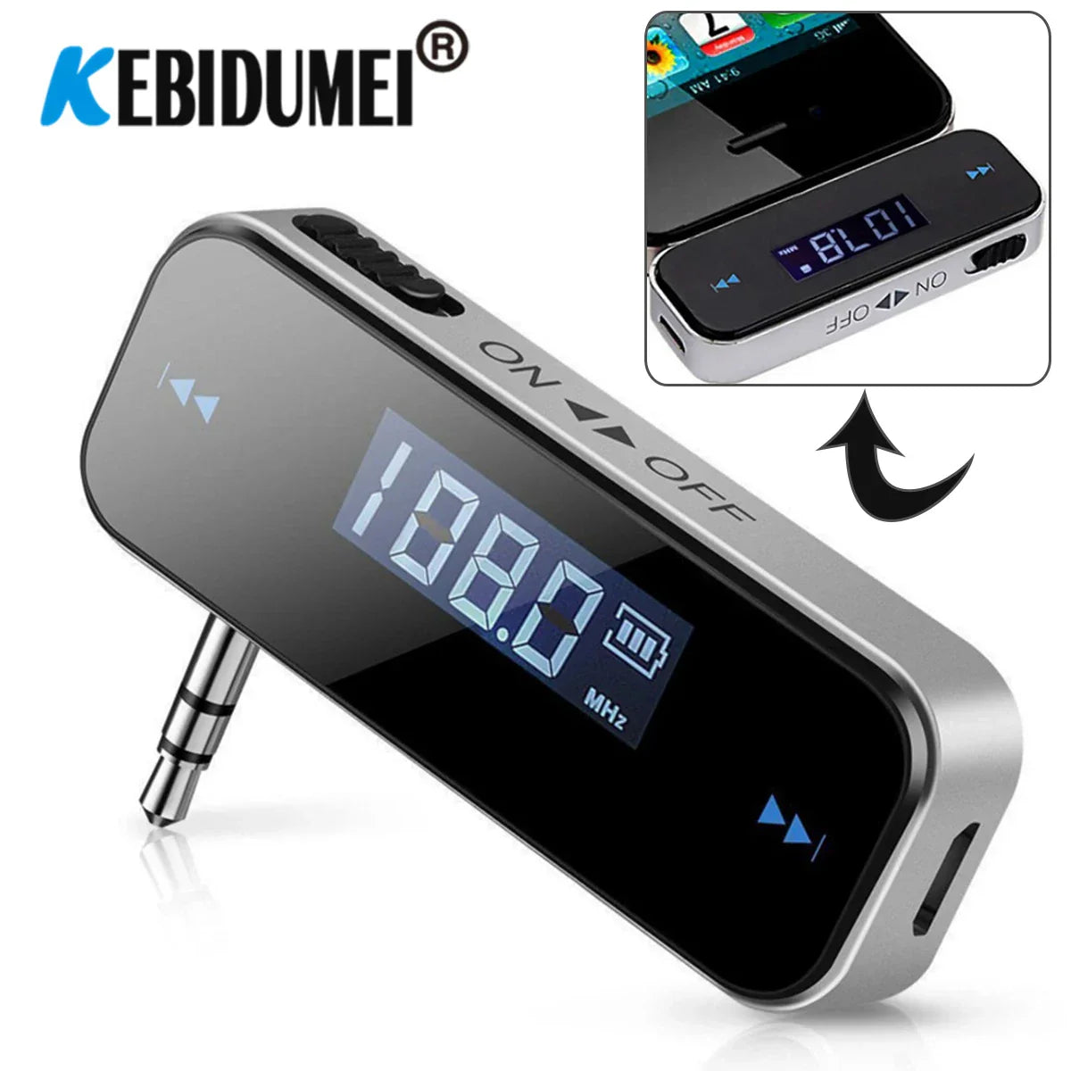 Silver kebidumei car bluetooth fm transmitter with black digital display showing frequency and battery level for handsfree car mp3 use
