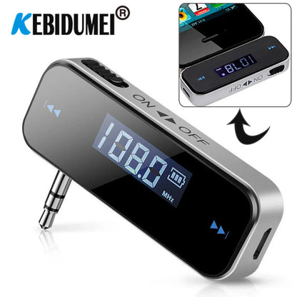 Silver kebidumei car bluetooth fm transmitter with black digital display showing frequency and battery level for handsfree car mp3 use