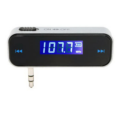 Silver and black wireless 3.5mm audio fm transmitter with lcd display 107.8 mhz blue backlight handsfree car mp3 transmitter
