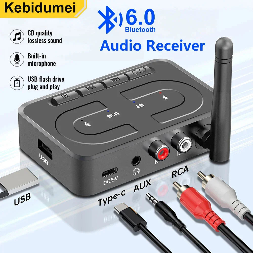 Black kebidumei bluetooth 6.0 music wireless adapter with microphone and multiple ports for playback car kit use