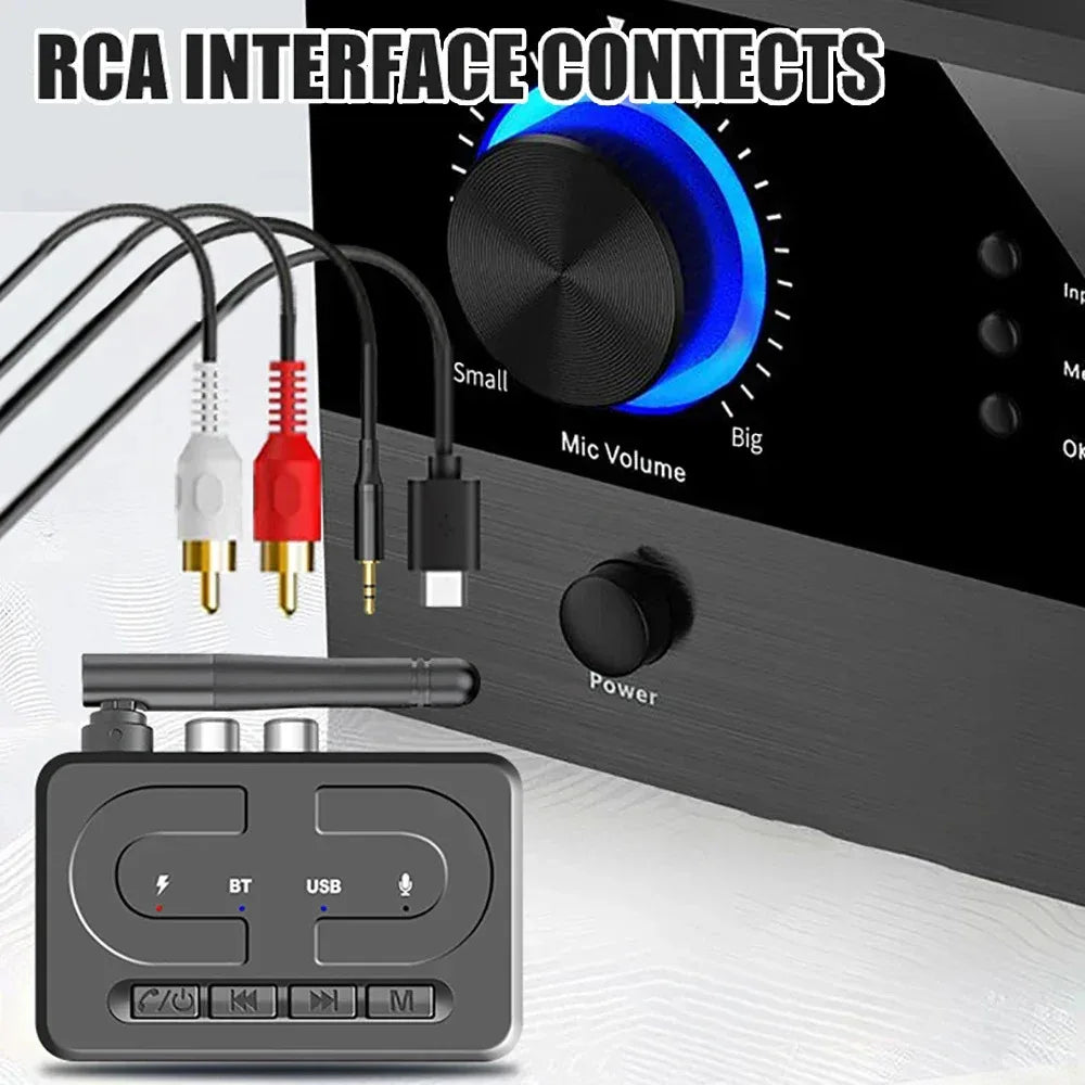 Black rectangular wireless audio adapter with silver buttons featuring usb bt and microphone inputs for playback car kit