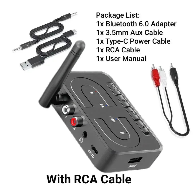 Black rectangular music wireless adapter bluetooth 6.0 receiver with antenna and multiple ports for playback car kit use