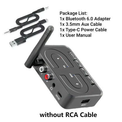 Black bluetooth 6.0 music wireless adapter with antenna and rca usb-c 3.5mm ports for playback car kit use