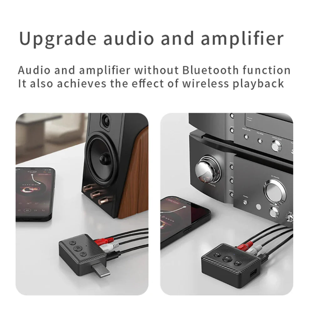 Black rectangular wireless audio receiver with aux rca connectors and usb type-c port for car speaker amplifier u-disk playback