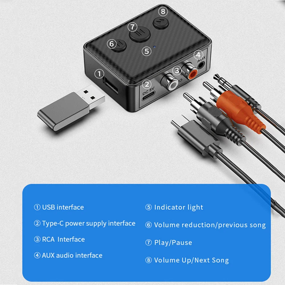 Black rectangular wireless audio receiver with usb type-c aux rca ports for car speaker amplifier u-disk playback