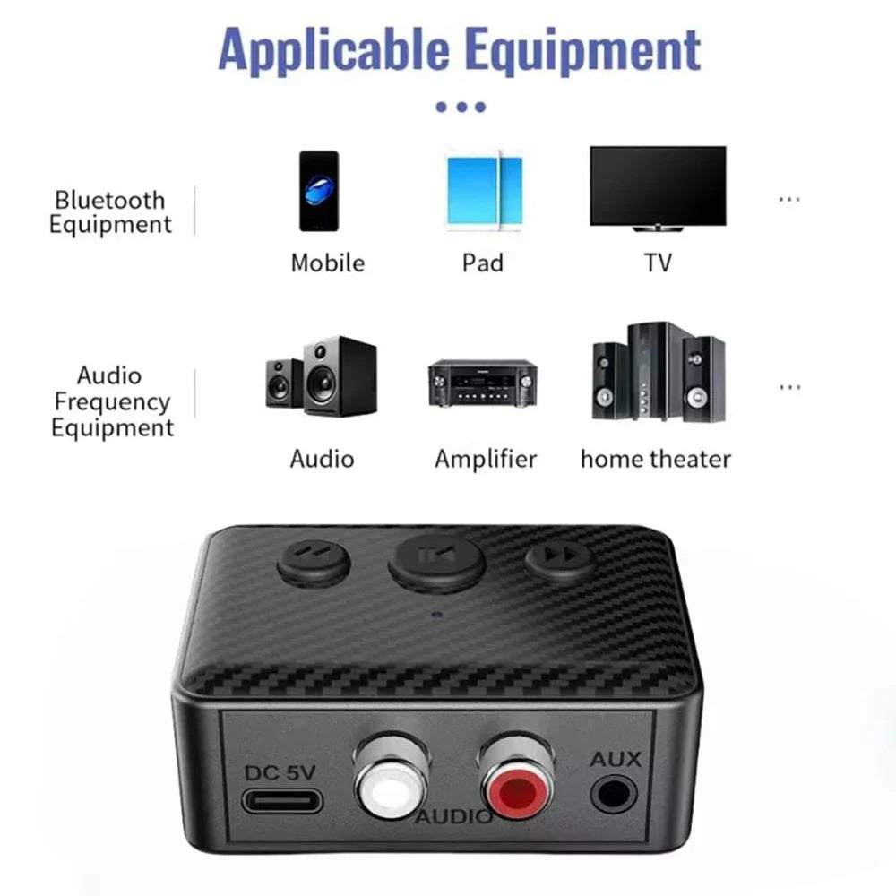 Black carbon fiber-textured wireless audio receiver with aux rca jacks and dc 5v port for car speaker amplifier and u-disk playback
