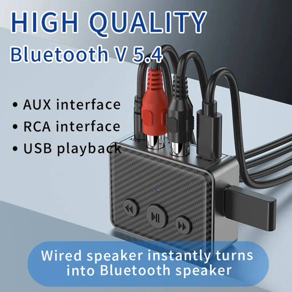 Black carbon fiber wireless audio receiver bluetooth 5.4 with red and black aux rca jacks for car speaker amplifier u-disk playback