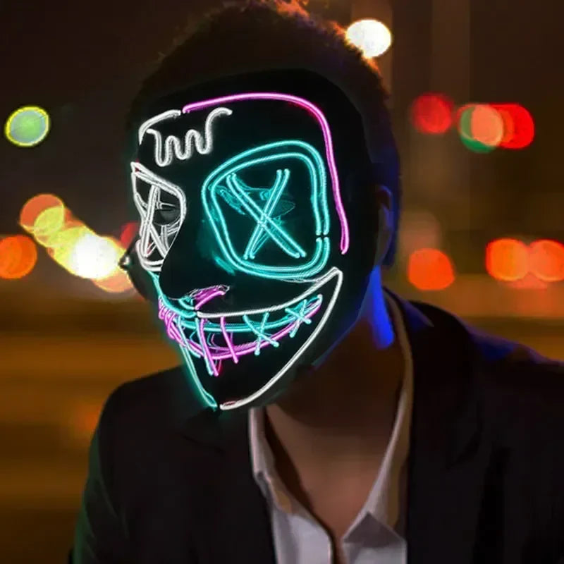 Black led light-up wireless bar music festival neon purification mask with pink and cyan wireframe for dark cosplay costume