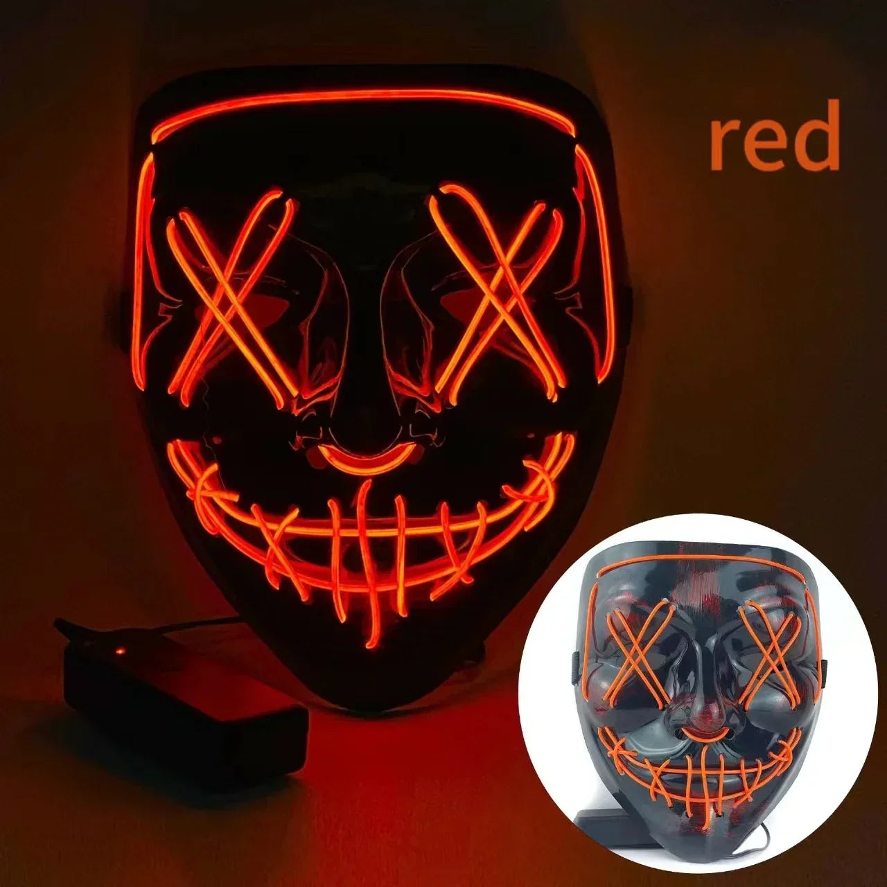 Red led light-up mask with glowing orange neon wires in a spooky stitched face design for wireless bar music festival neon purification and dark cosplay costume use